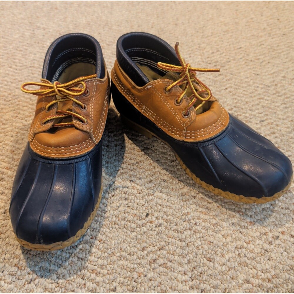 LL Bean Bean Classic Low Duck Boots Mens 8 Blue Tan Rubber Outdoor Lace Up